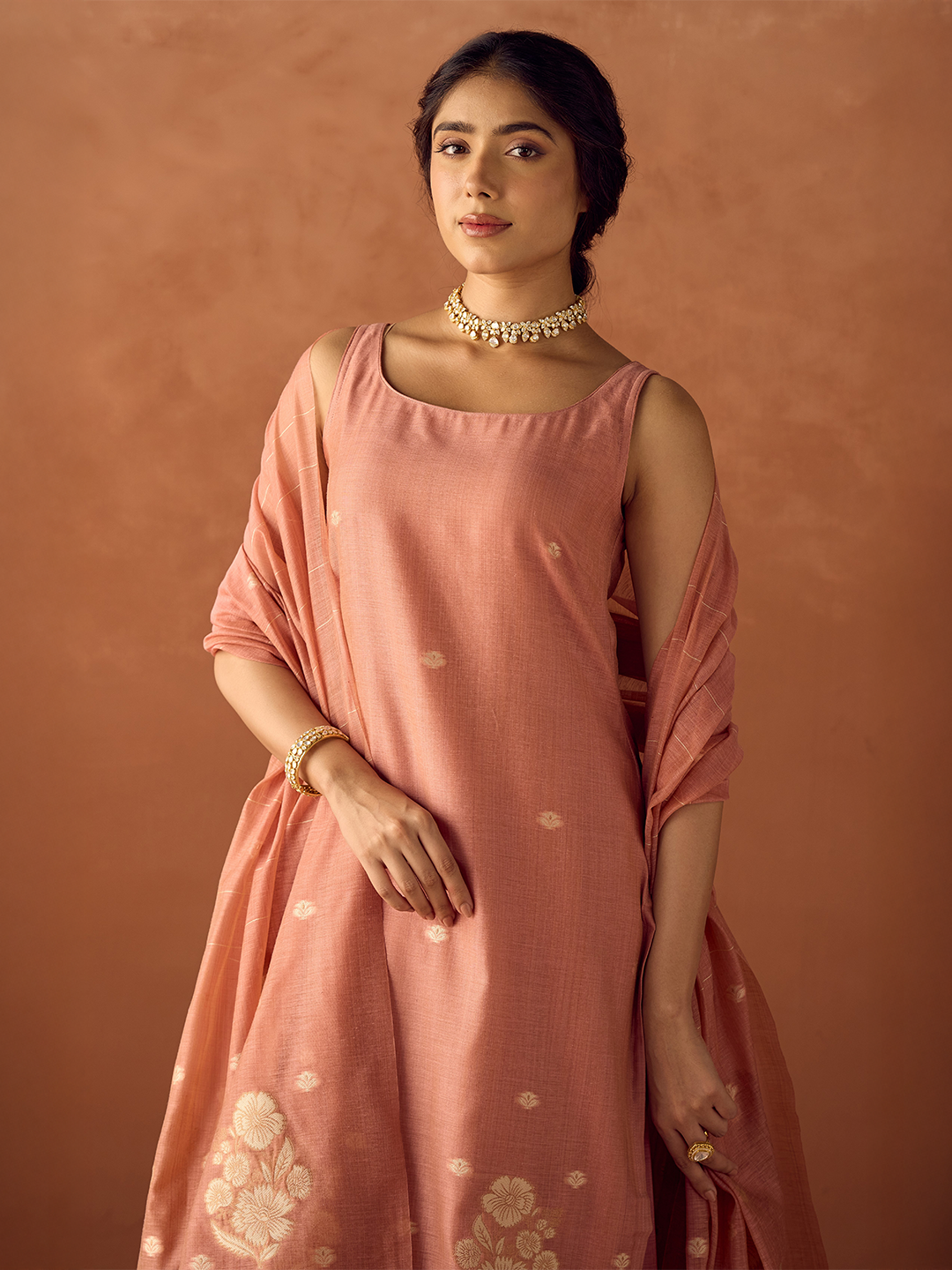 Peach Cotton Blend Jacquard Woven Kurta Set with Dupatta
