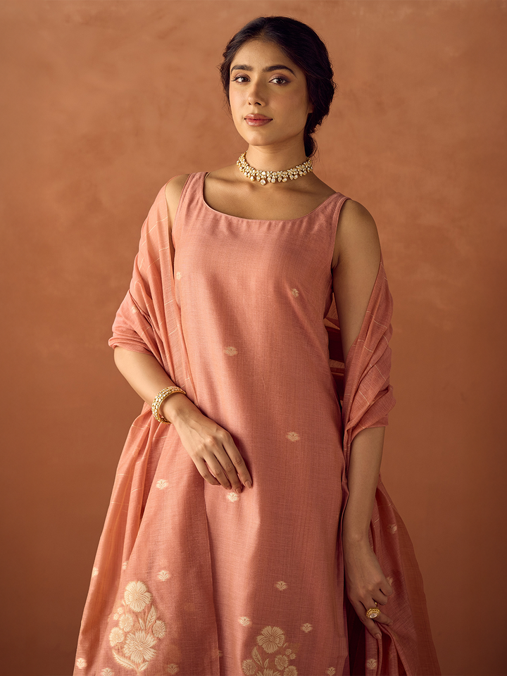 Peach Cotton Blend Jacquard Woven Kurta Set with Dupatta