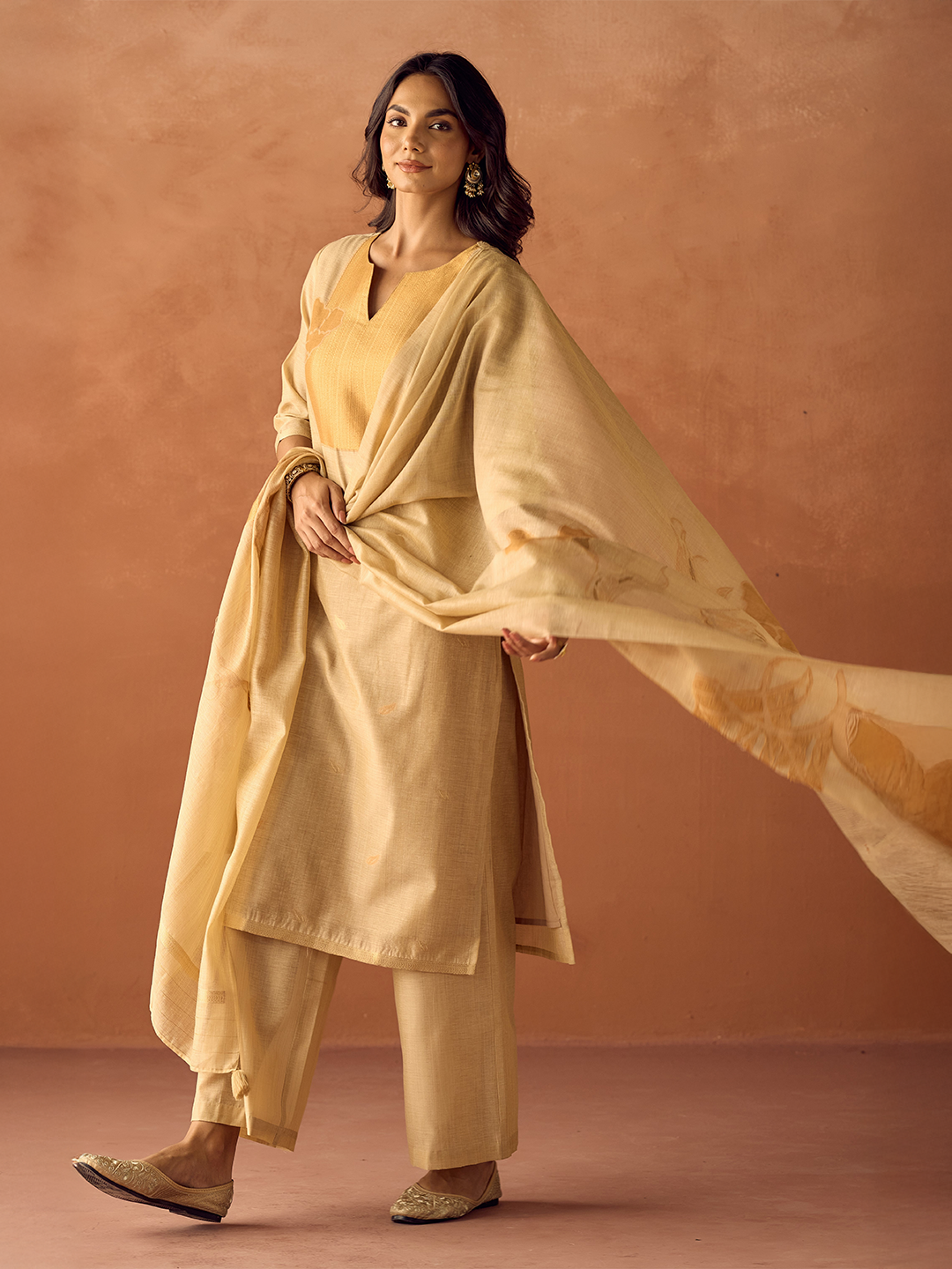 Beige Cotton Blend Jacquard Woven Kurta Set with Dupatta