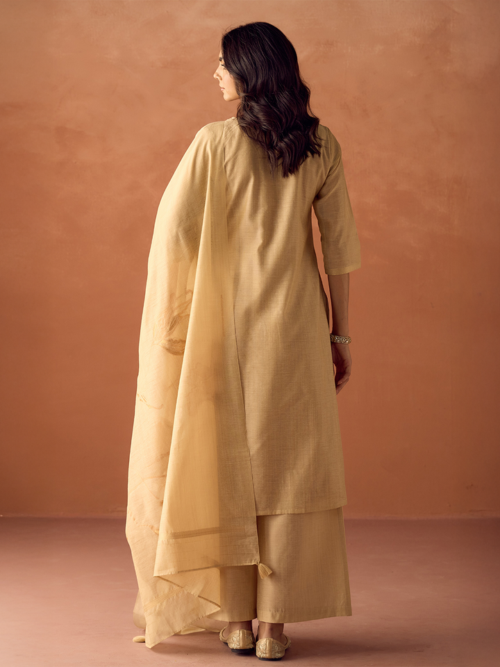 Beige Cotton Blend Jacquard Woven Kurta Set with Dupatta