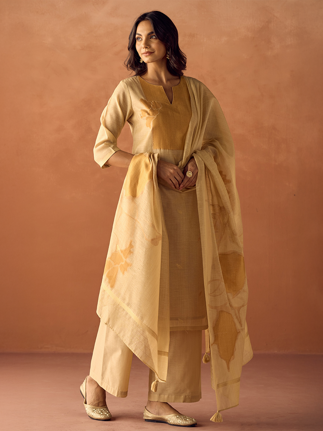 Beige Cotton Blend Jacquard Woven Kurta Set with Dupatta