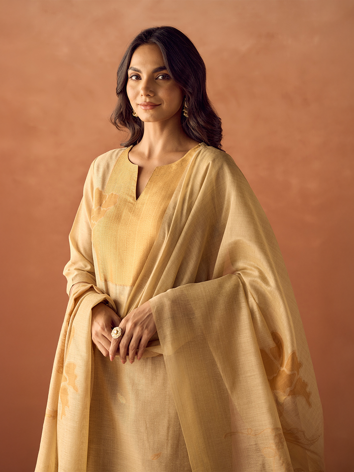 Beige Cotton Blend Jacquard Woven Kurta Set with Dupatta