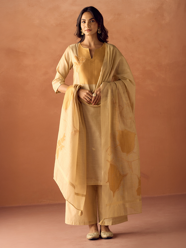Beige Cotton Blend Jacquard Woven Kurta Set with Dupatta