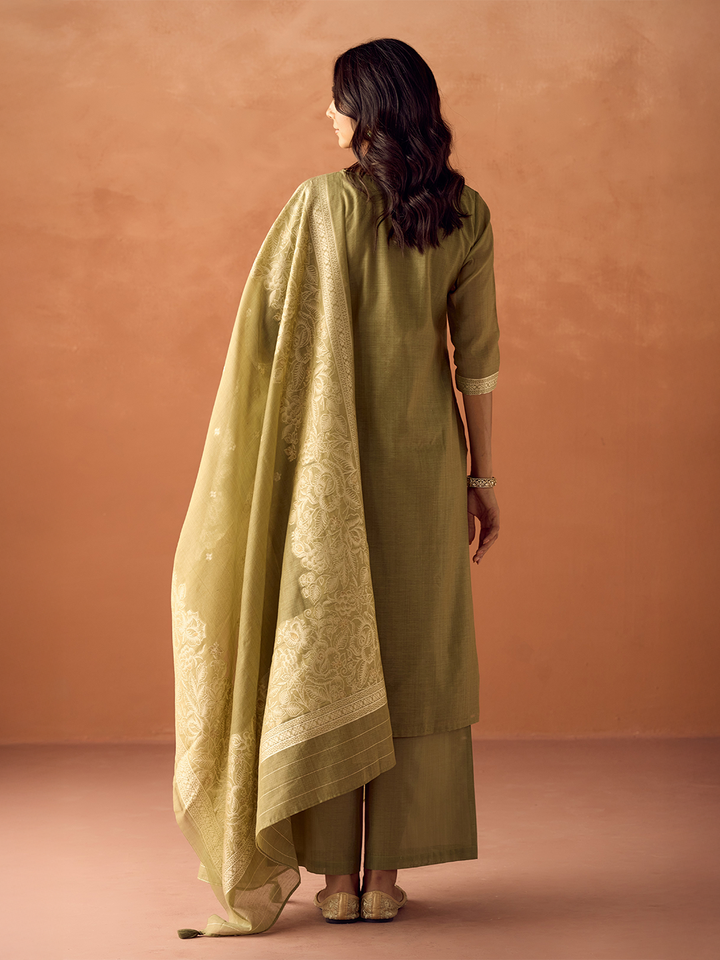 Green Cotton Blend Jacquard Woven Kurta Set with Dupatta
