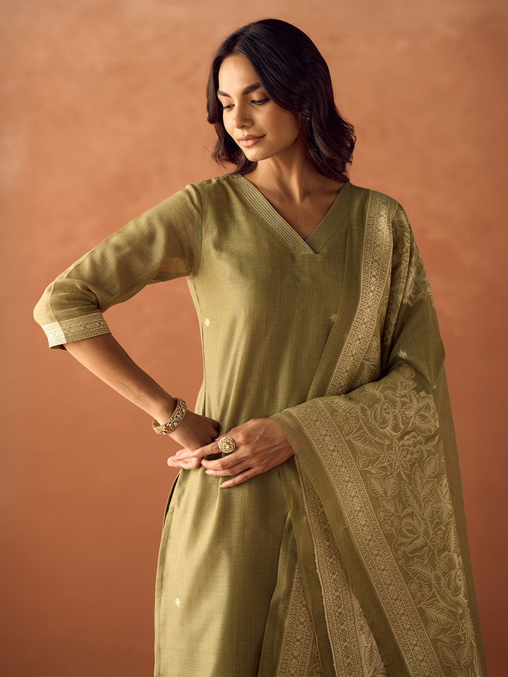 Green Cotton Blend Jacquard Woven Kurta Set with Dupatta