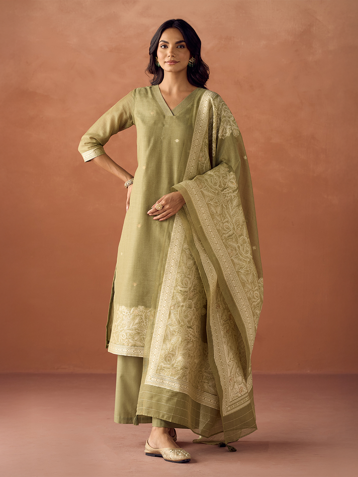 Green Cotton Blend Jacquard Woven Kurta Set with Dupatta
