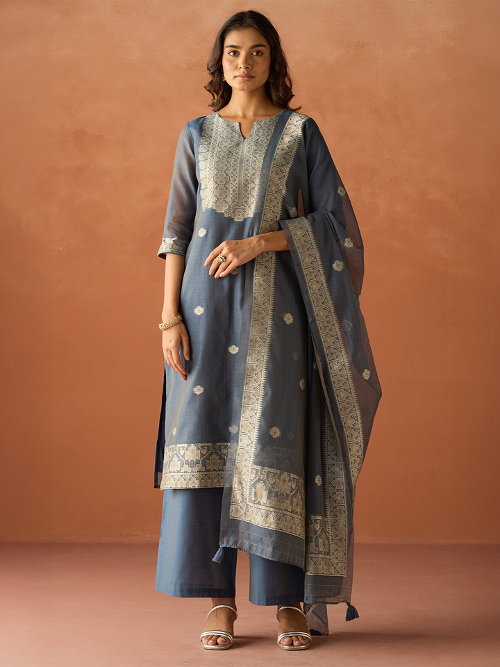 Blue Cotton Blend Jacquard Woven Kurta Set with Dupatta