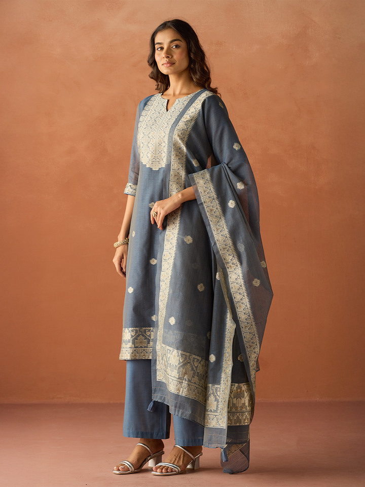Blue Cotton Blend Jacquard Woven Kurta Set with Dupatta