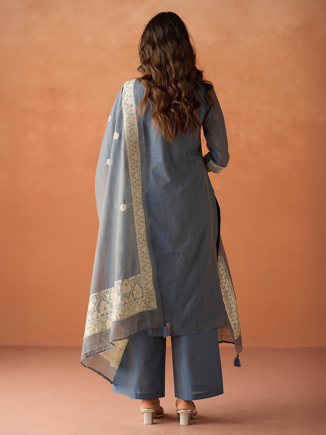 Blue Cotton Blend Jacquard Woven Kurta Set with Dupatta
