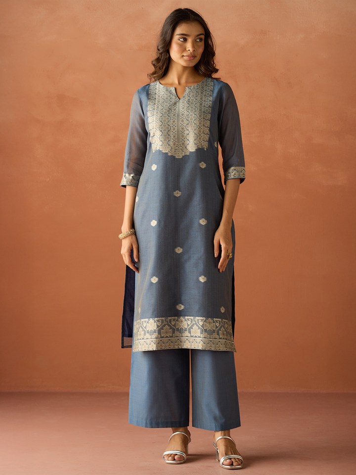 Blue Cotton Blend Jacquard Woven Kurta Set with Dupatta