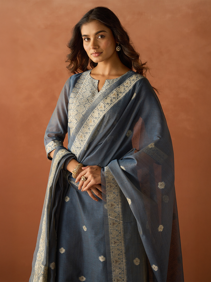 Blue Cotton Blend Jacquard Woven Kurta Set with Dupatta