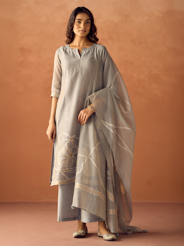 Grey Cotton Blend Jacquard Woven Kurta Set with Dupatta