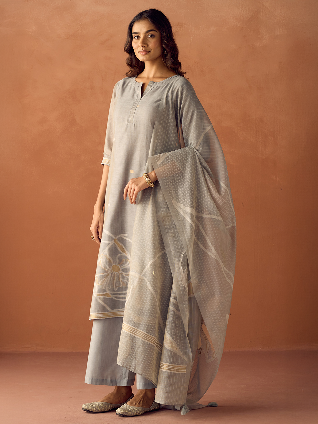 Grey Cotton Blend Jacquard Woven Kurta Set with Dupatta