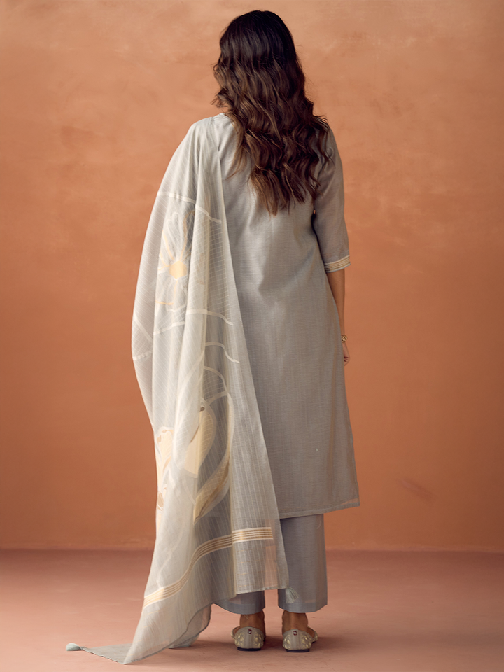 Grey Cotton Blend Jacquard Woven Kurta Set with Dupatta