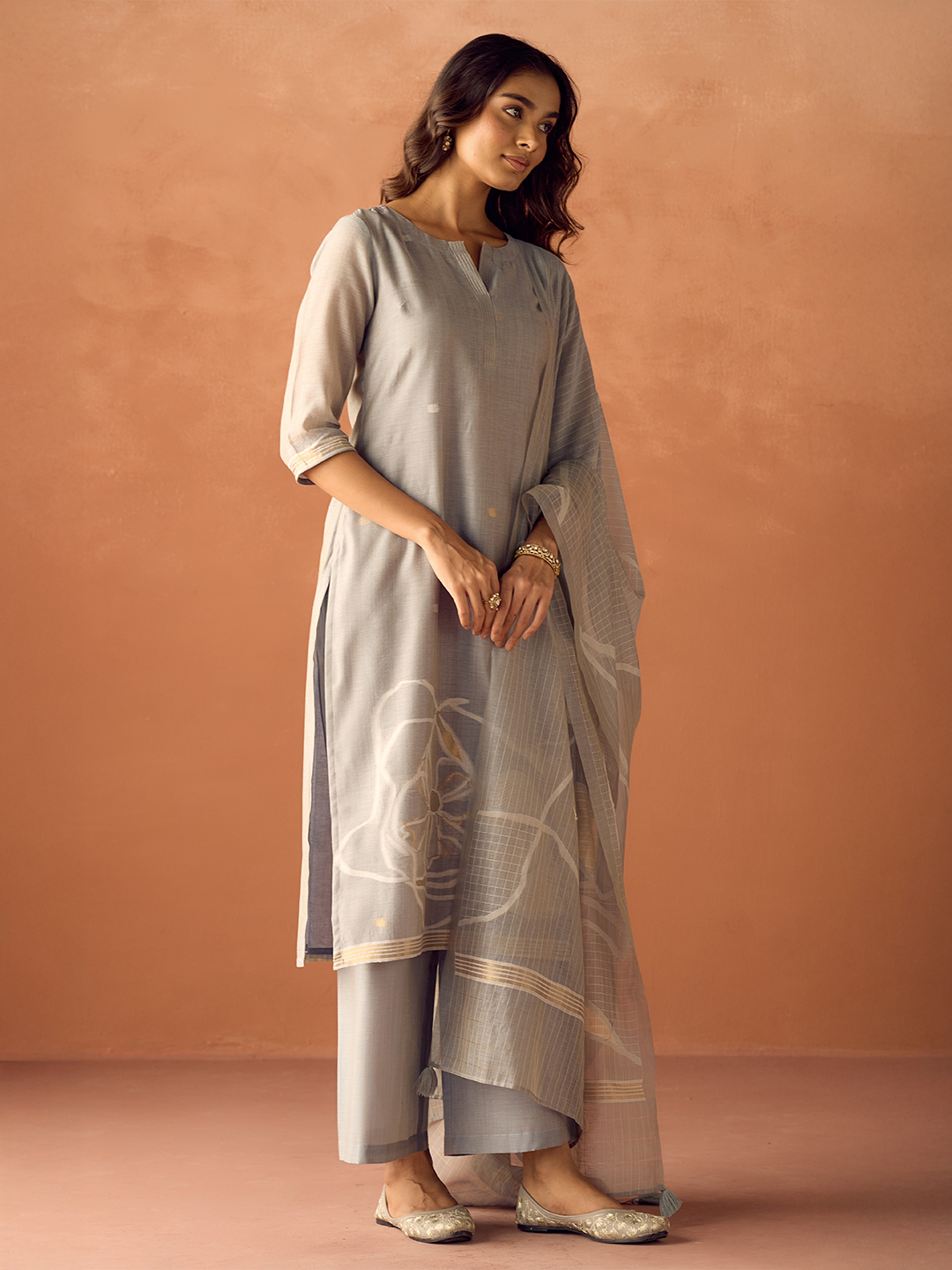 Grey Cotton Blend Jacquard Woven Kurta Set with Dupatta