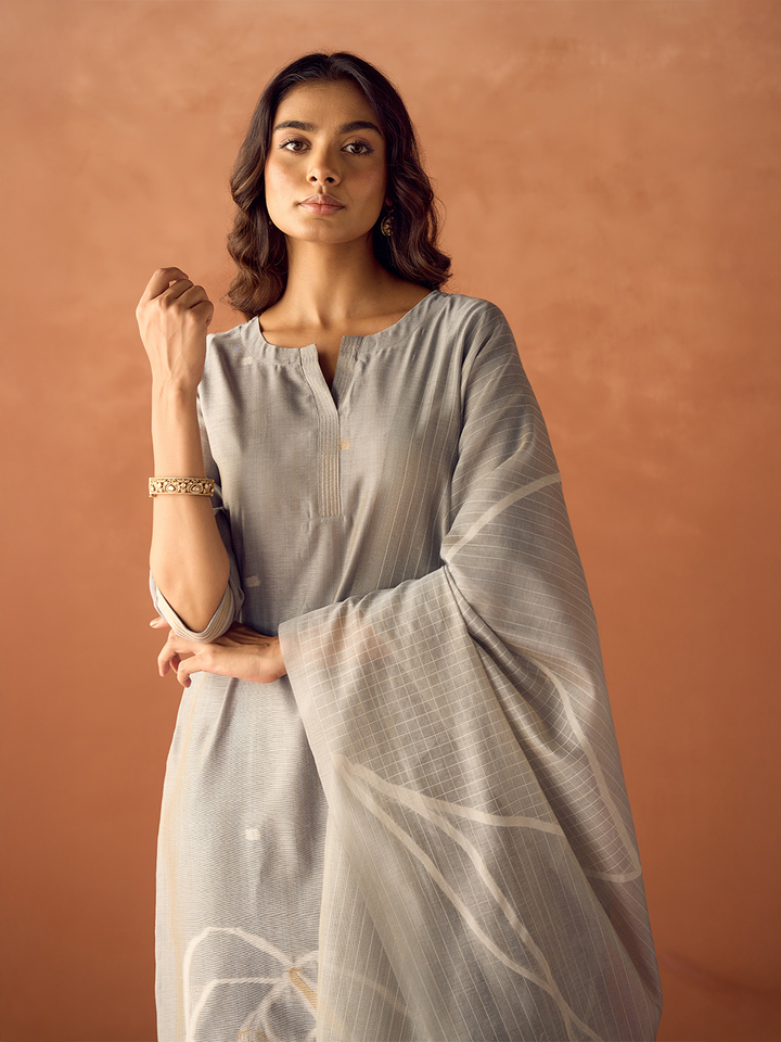 Grey Cotton Blend Jacquard Woven Kurta Set with Dupatta
