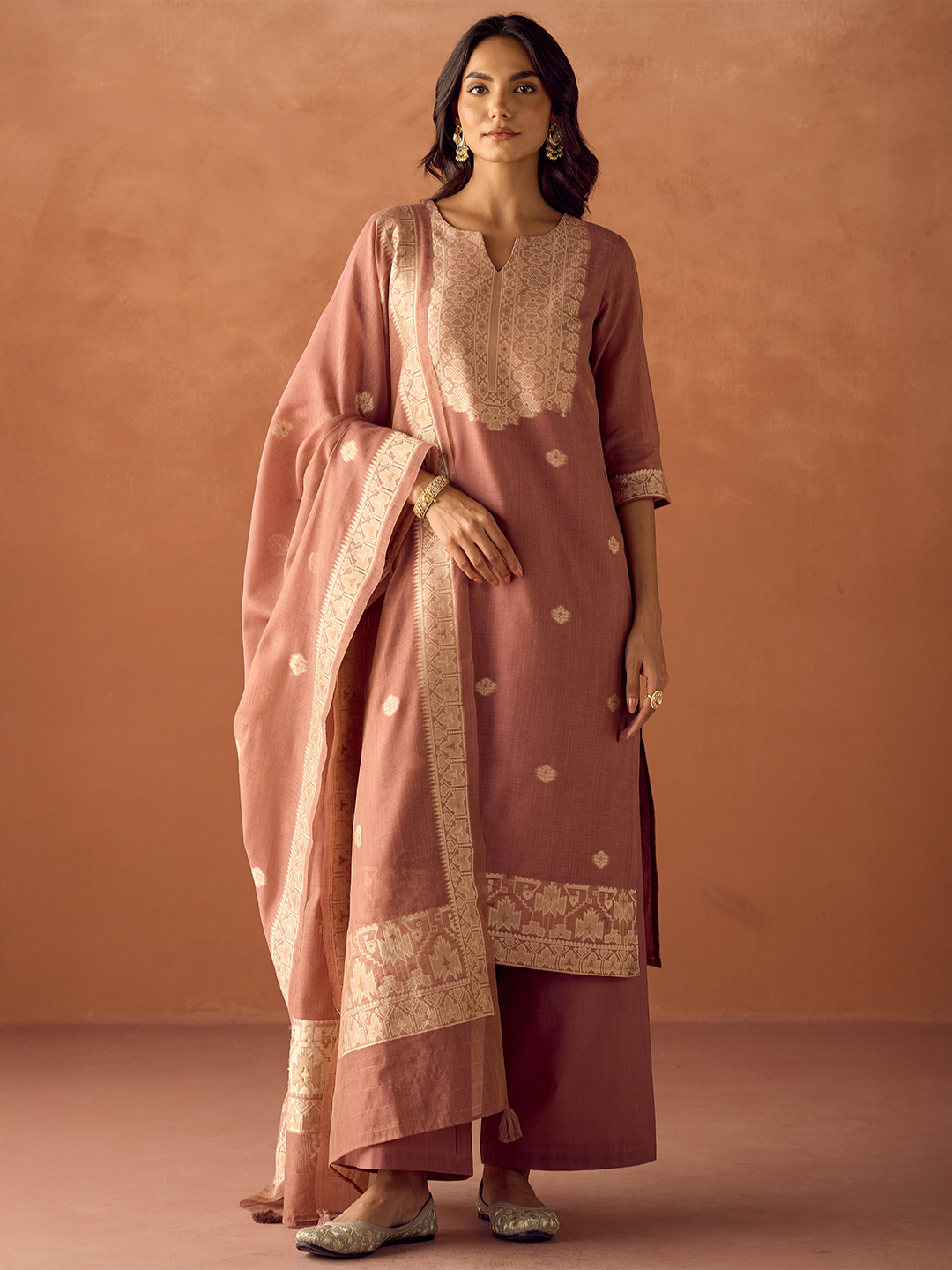 Dusty Pink Cotton Blend Jacquard Woven Kurta Set with Dupatta