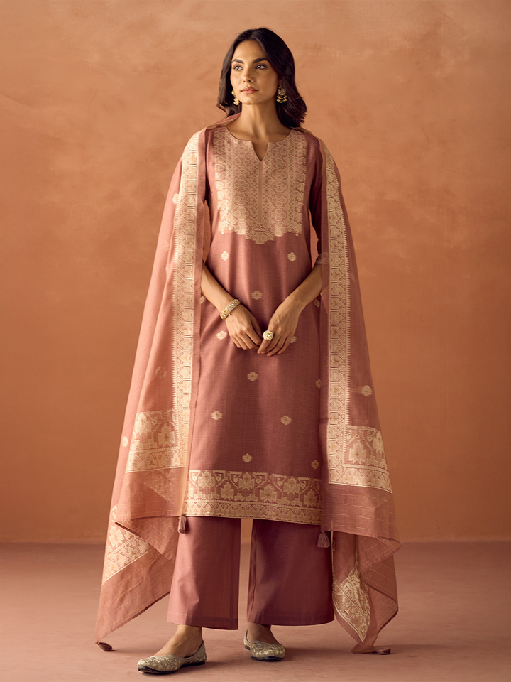 Dusty Pink Cotton Blend Jacquard Woven Kurta Set with Dupatta