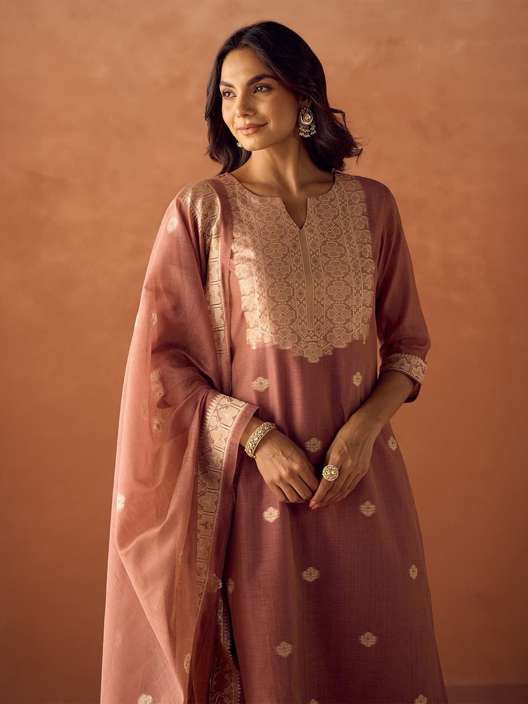 Dusty Pink Cotton Blend Jacquard Woven Kurta Set with Dupatta