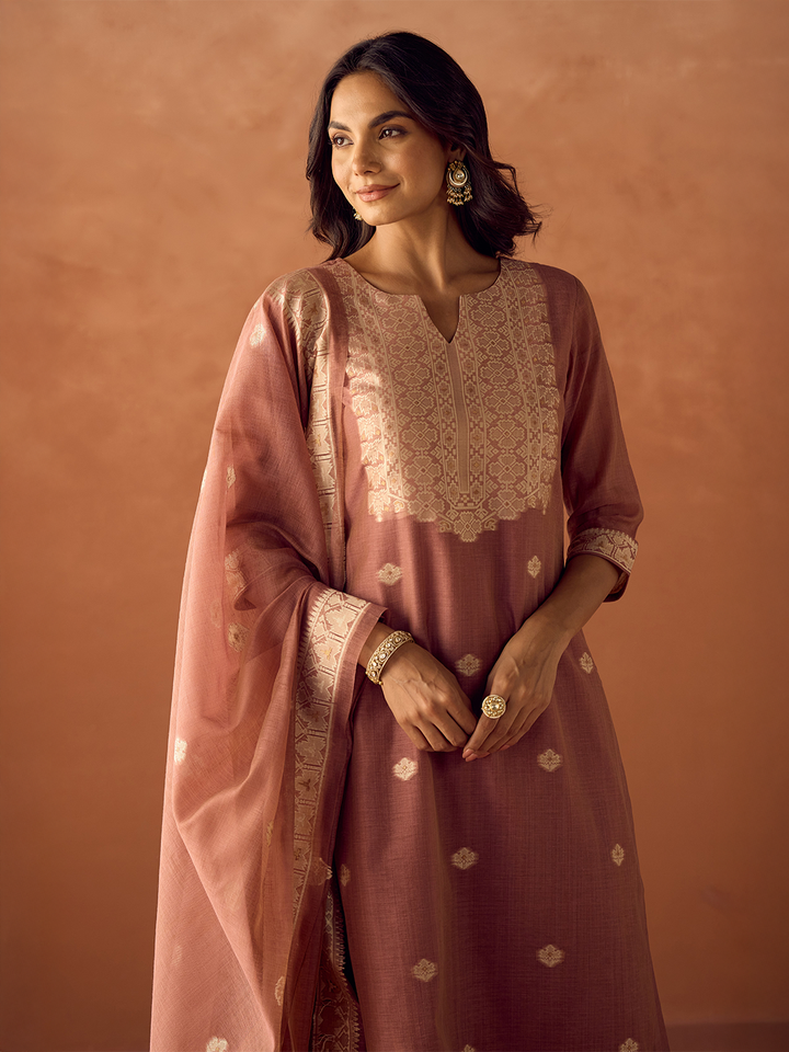 Dusty Pink Cotton Blend Jacquard Woven Kurta Set with Dupatta
