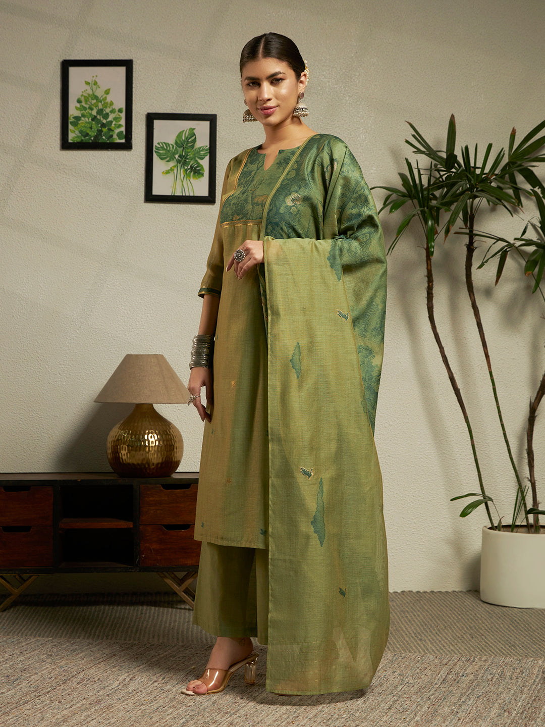 Green Cotton Blend Jacquard Woven Kurta Set with Dupatta