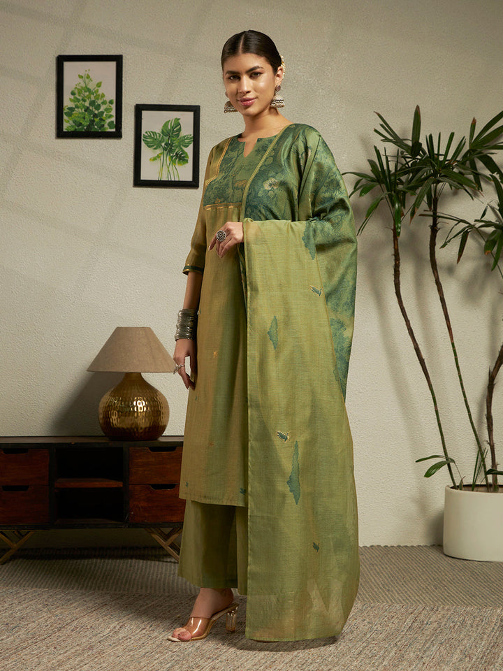 Green Cotton Blend Jacquard Woven Kurta Set with Dupatta