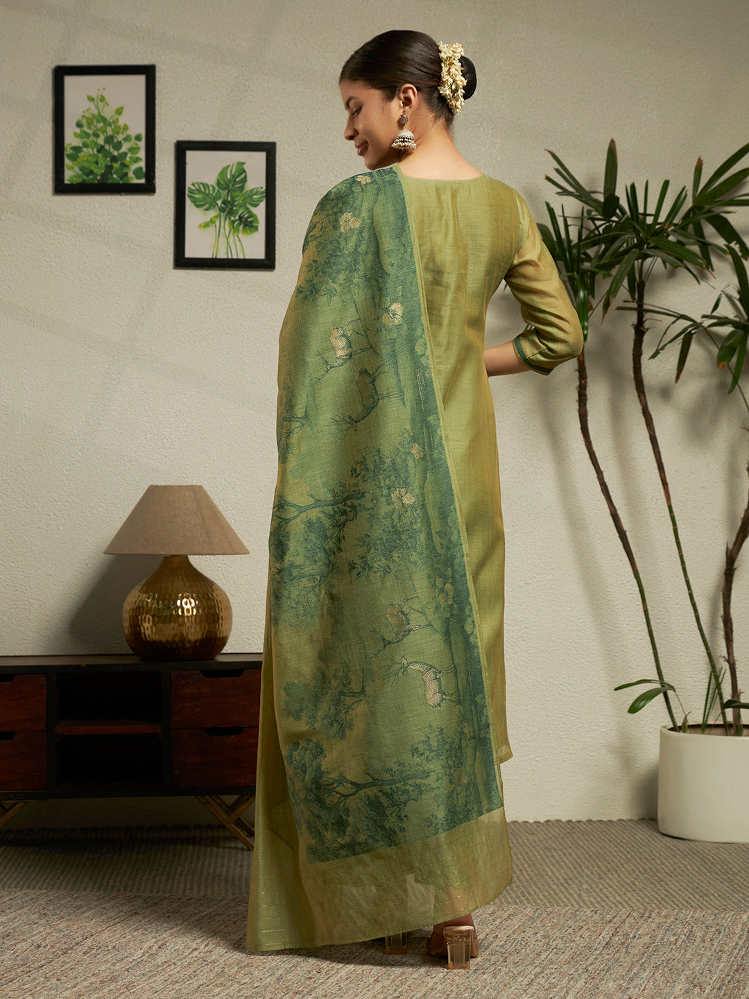 Green Cotton Blend Jacquard Woven Kurta Set with Dupatta