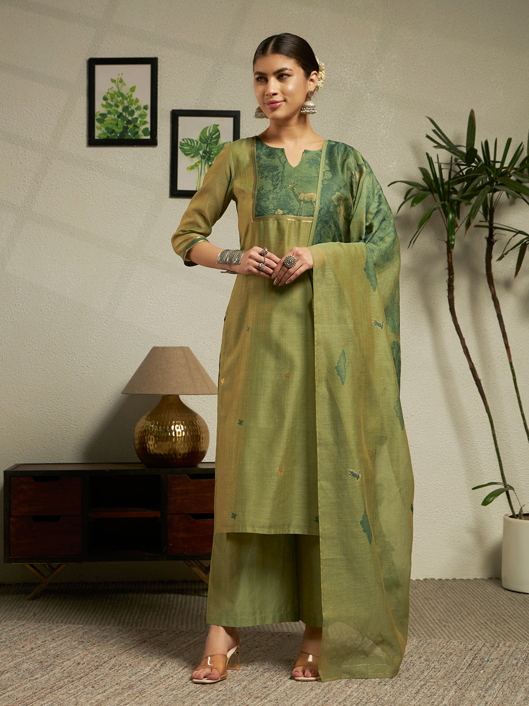 Green Cotton Blend Jacquard Woven Kurta Set with Dupatta
