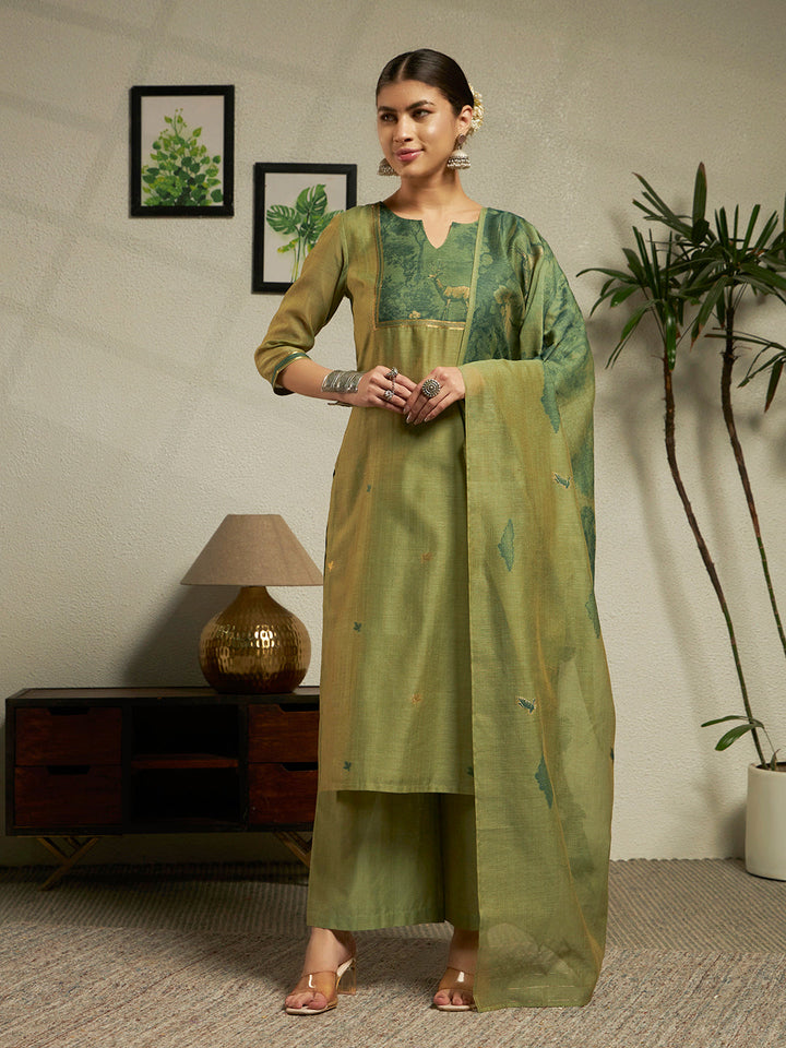 Green Cotton Blend Jacquard Woven Kurta Set with Dupatta