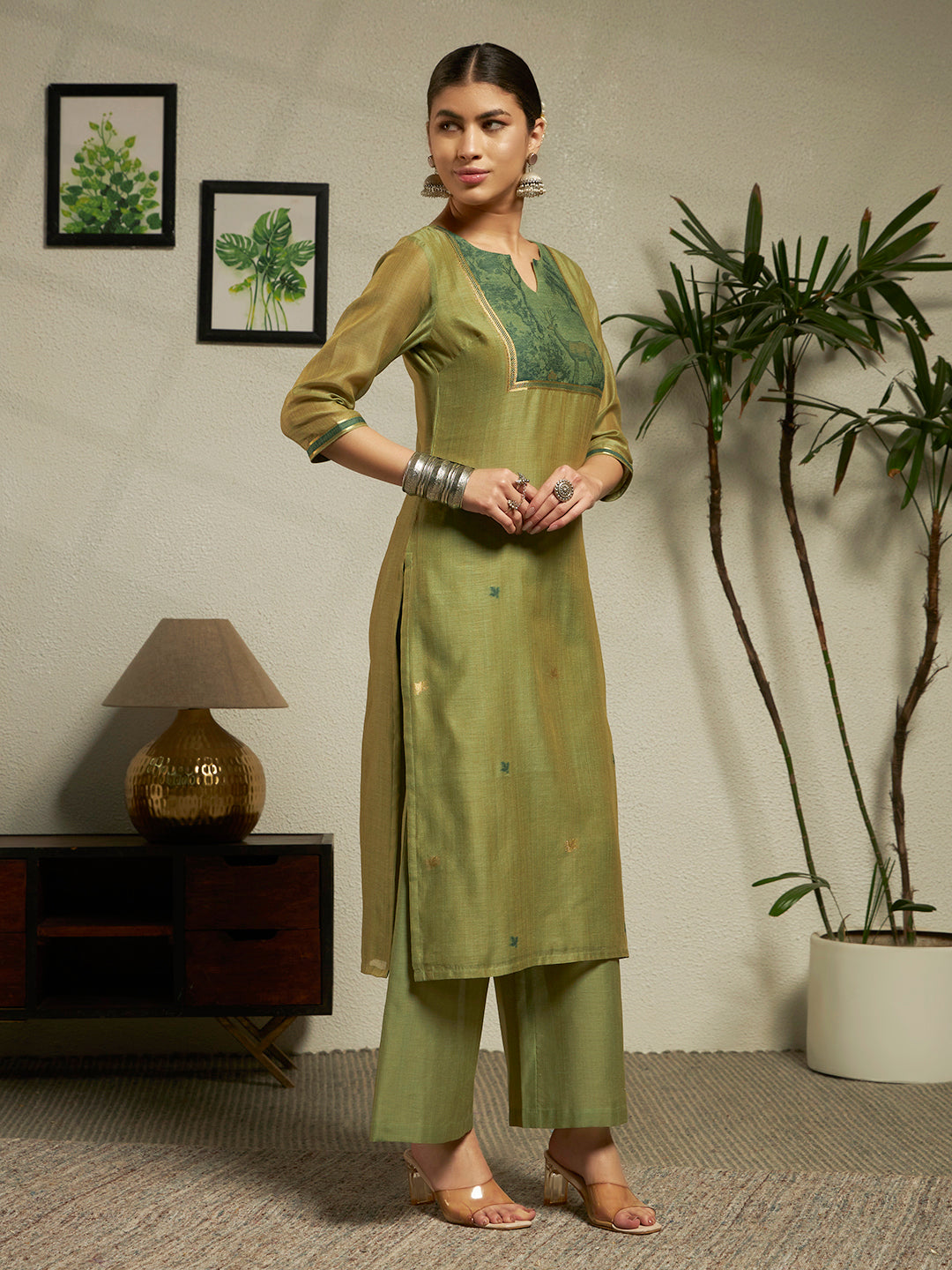 Green Cotton Blend Jacquard Woven Kurta Set with Dupatta