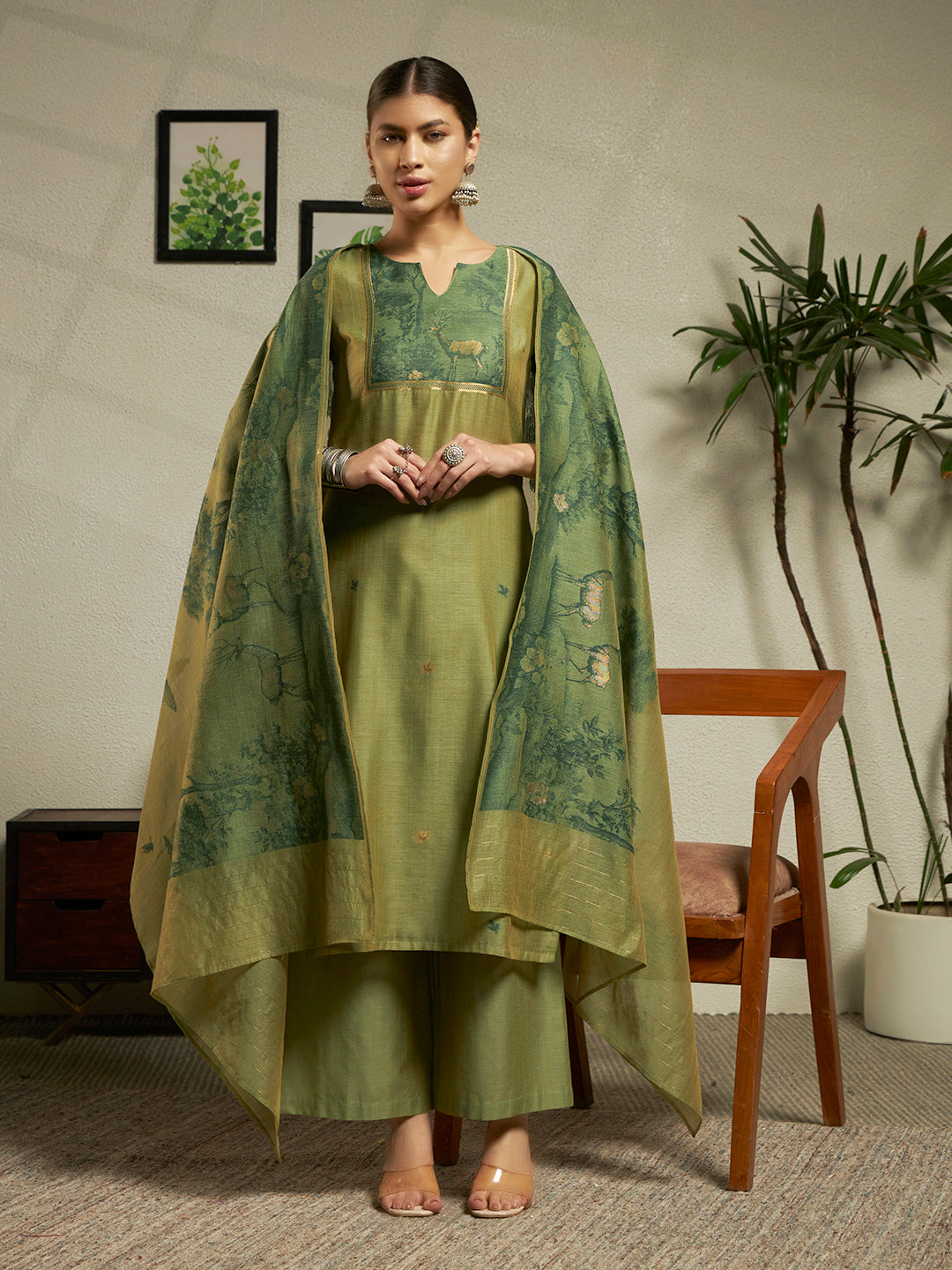 Green Cotton Blend Jacquard Woven Kurta Set with Dupatta