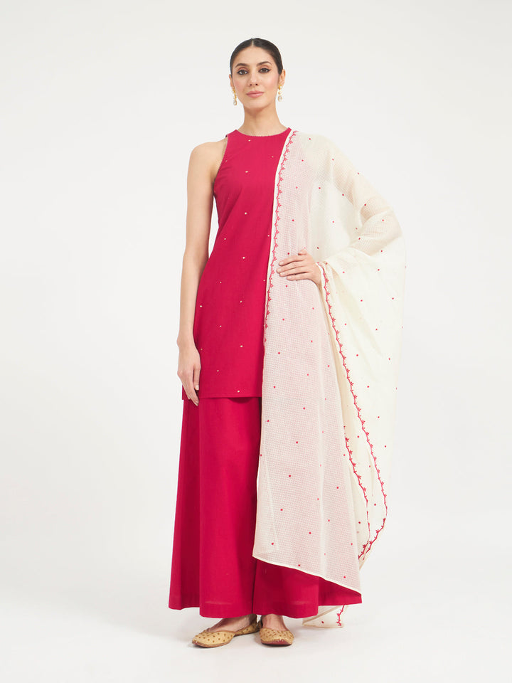Pink Embroidered Cotton Kurta Set with Dupatta