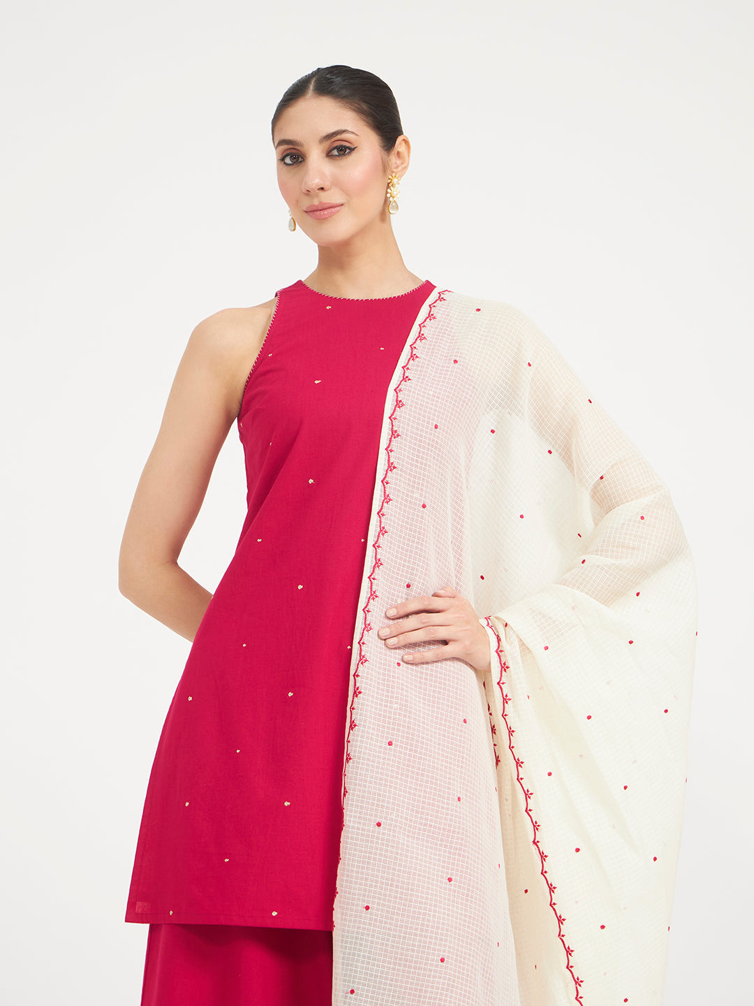 Pink Embroidered Cotton Kurta Set with Dupatta