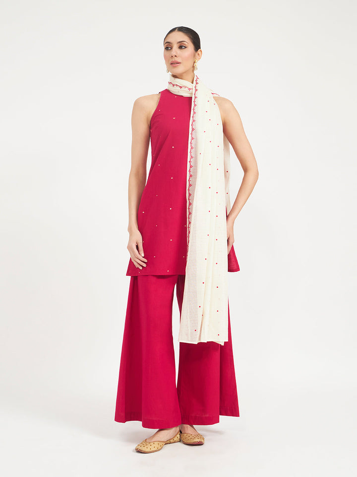 Pink Embroidered Cotton Kurta Set with Dupatta