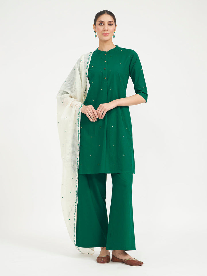 Green Embroidered Cotton Kurta Set with Dupatta