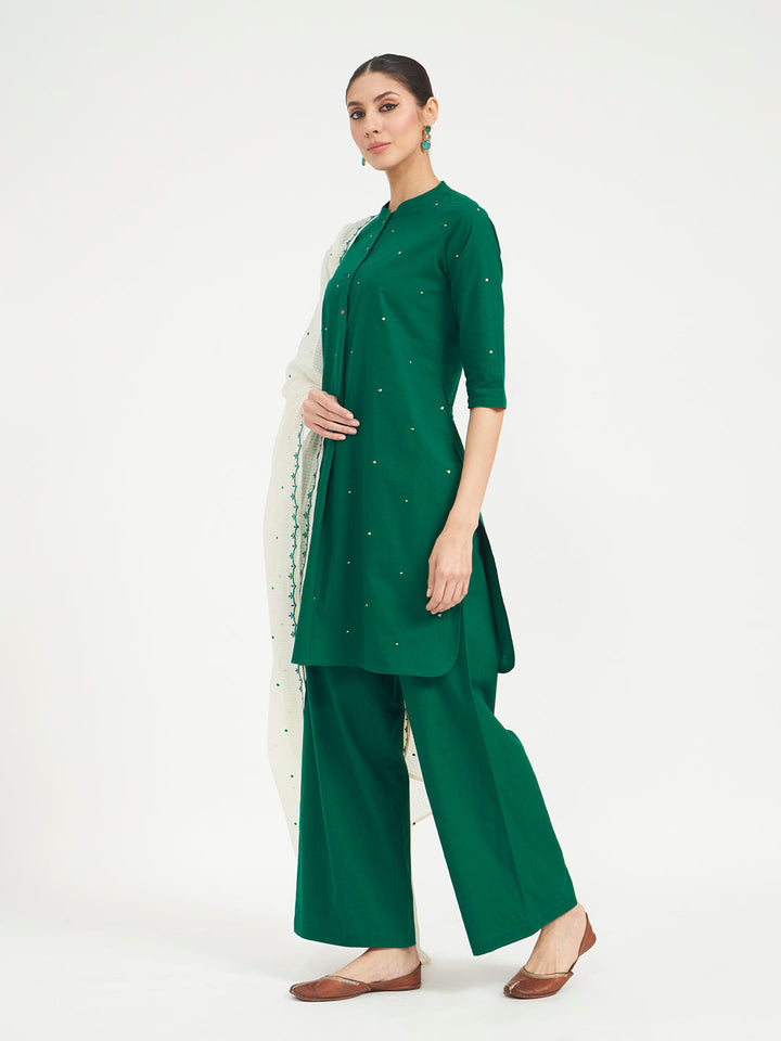 Green Embroidered Cotton Kurta Set with Dupatta