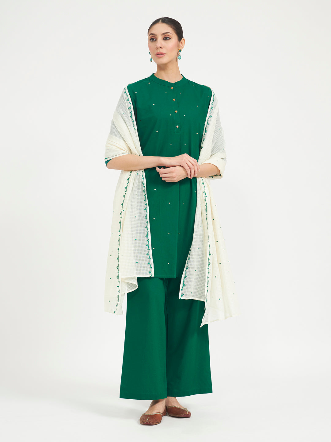 Green Embroidered Cotton Kurta Set with Dupatta