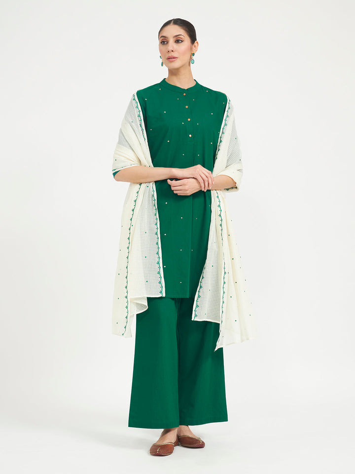 Green Embroidered Cotton Kurta Set with Dupatta