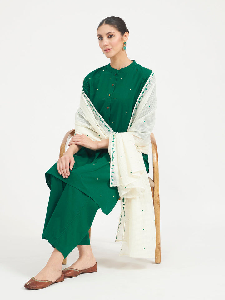 Green Embroidered Cotton Kurta Set with Dupatta