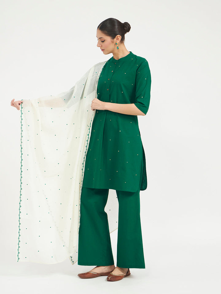 Green Embroidered Cotton Kurta Set with Dupatta