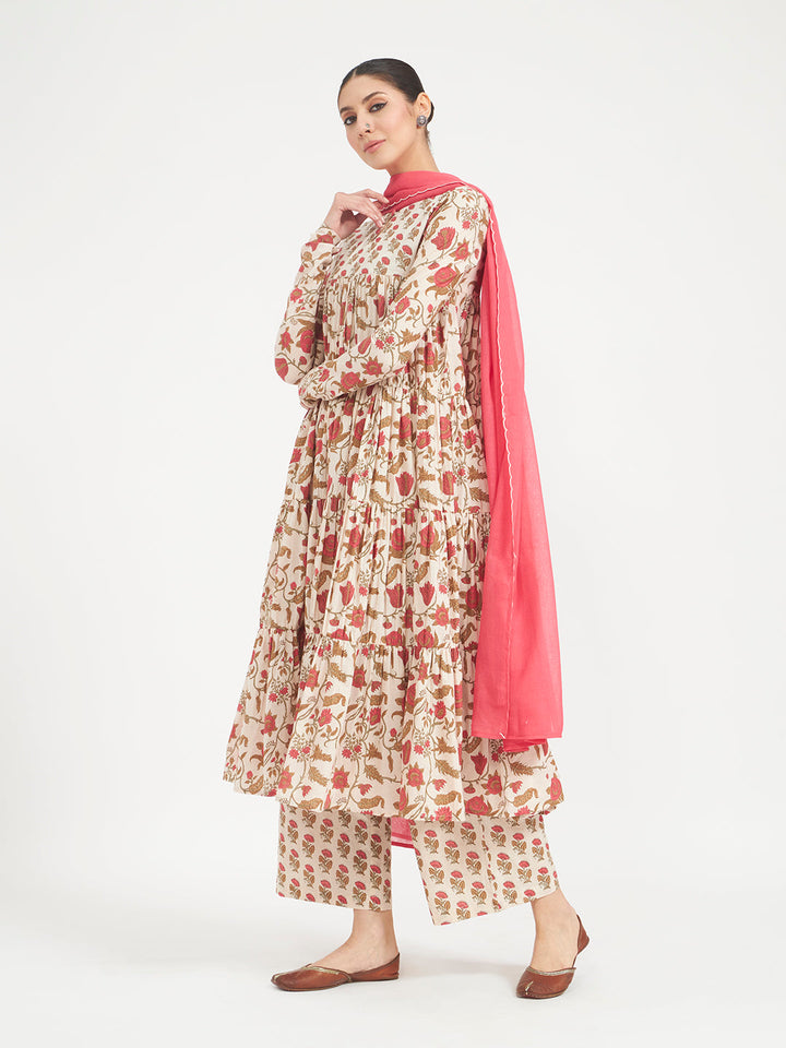 Beige Floral Printed Pure Cotton Anarkali Kurta Set with Dupatta
