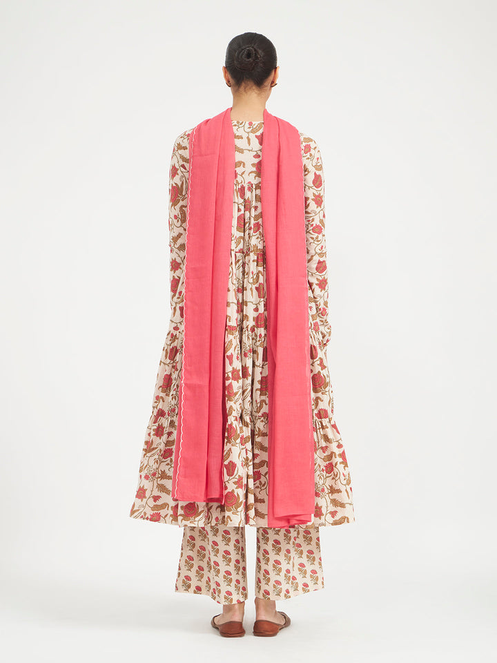 Beige Floral Printed Pure Cotton Anarkali Kurta Set with Dupatta