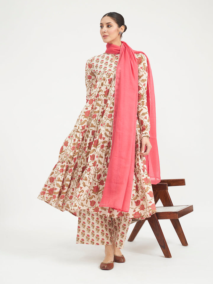Beige Floral Printed Pure Cotton Anarkali Kurta Set with Dupatta