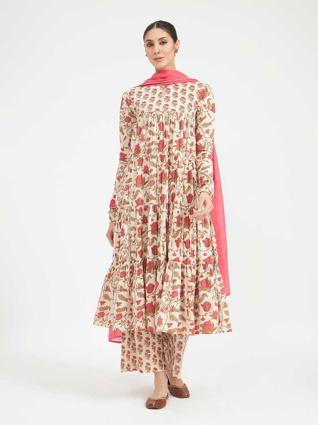 Beige Floral Printed Pure Cotton Anarkali Kurta Set with Dupatta
