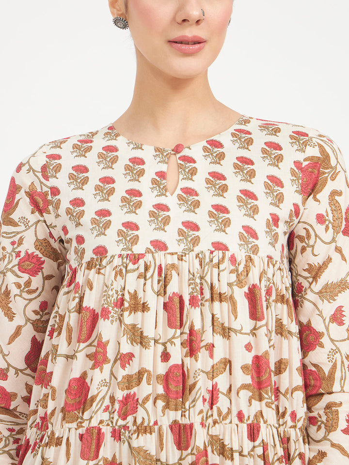 Beige Floral Printed Pure Cotton Anarkali Kurta Set with Dupatta