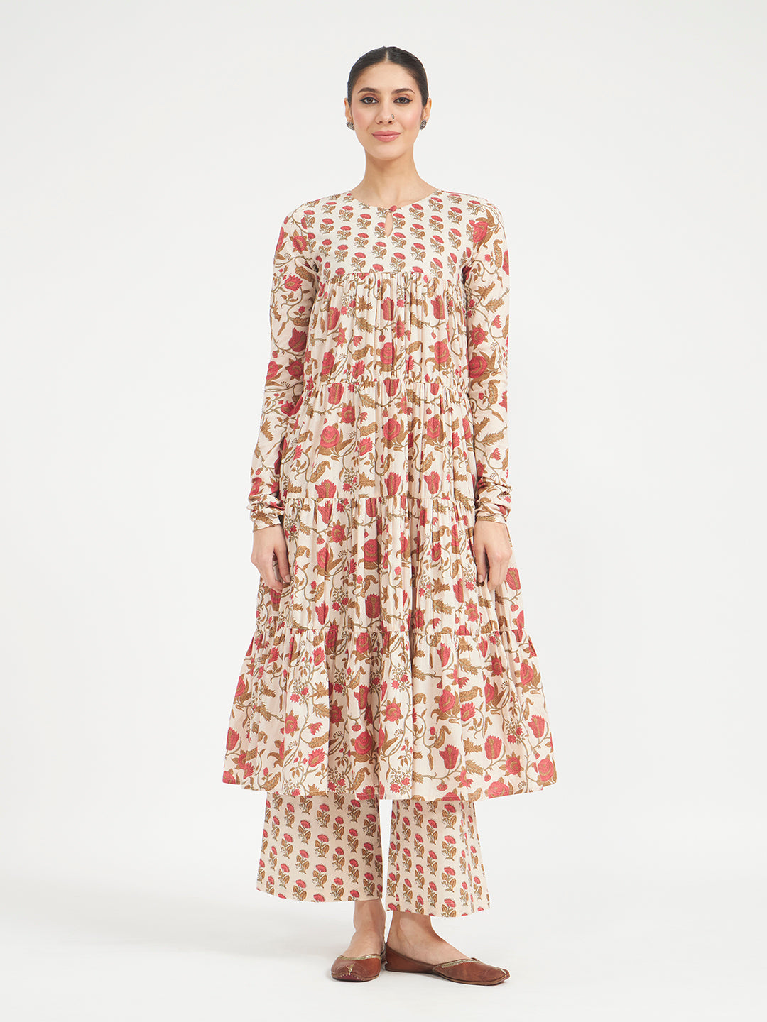 Beige Floral Printed Pure Cotton Anarkali Kurta Set with Dupatta