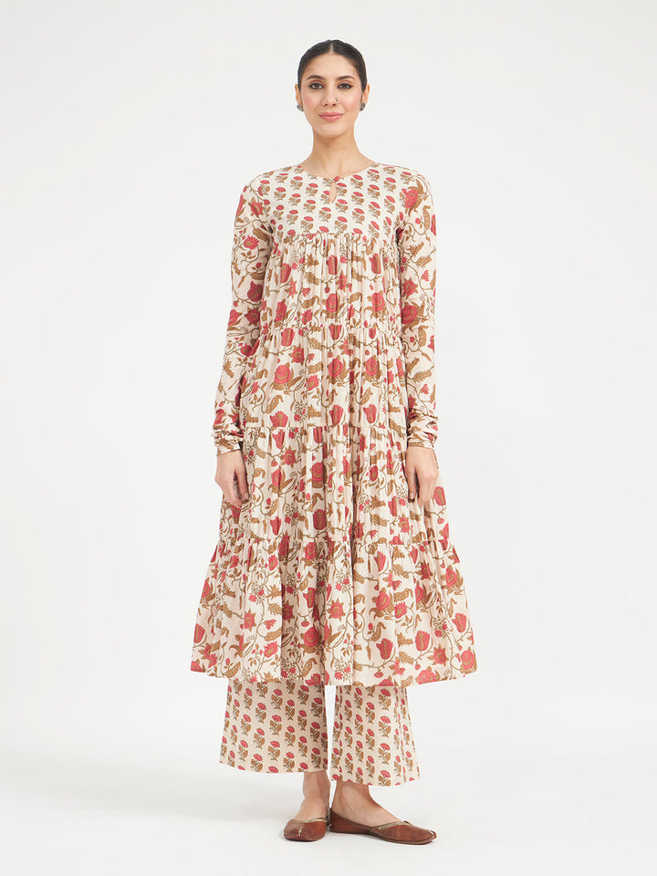 Beige Floral Printed Pure Cotton Anarkali Kurta Set with Dupatta