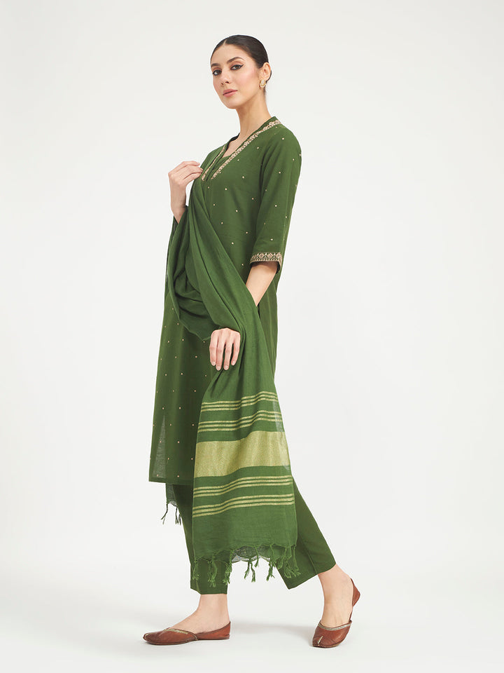 Green Embroidered Linen Kurta Set with Dupatta
