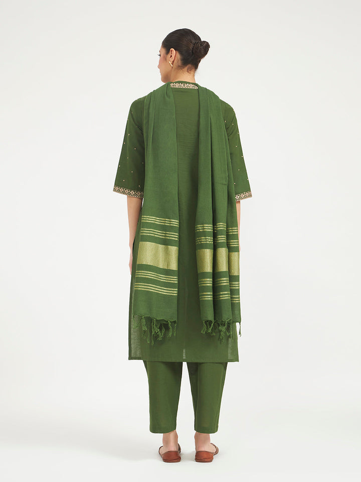 Green Embroidered Linen Kurta Set with Dupatta