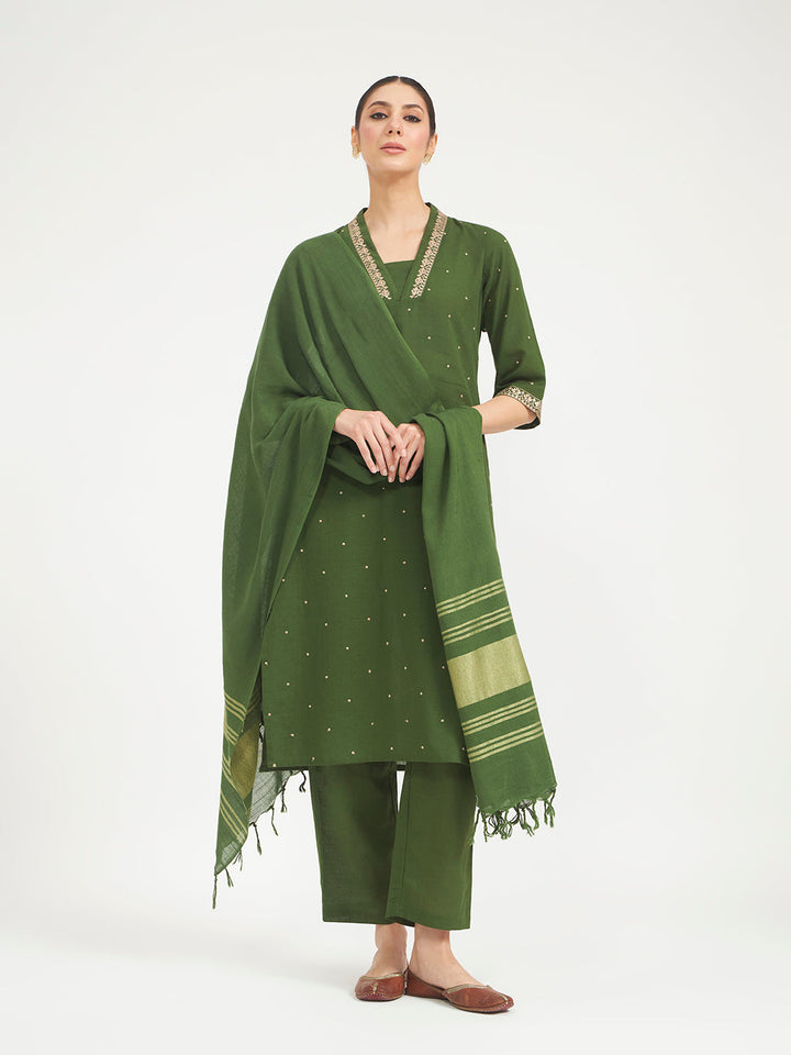 Green Embroidered Linen Kurta Set with Dupatta
